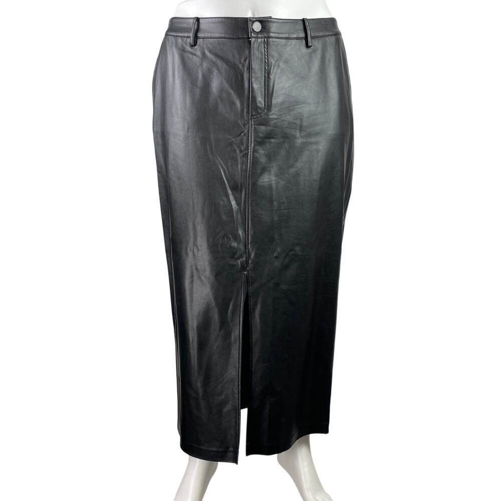 Eloquii Black Faux Leather Vegan High Waist Front Slit Straight Midi Skirt Sz 14